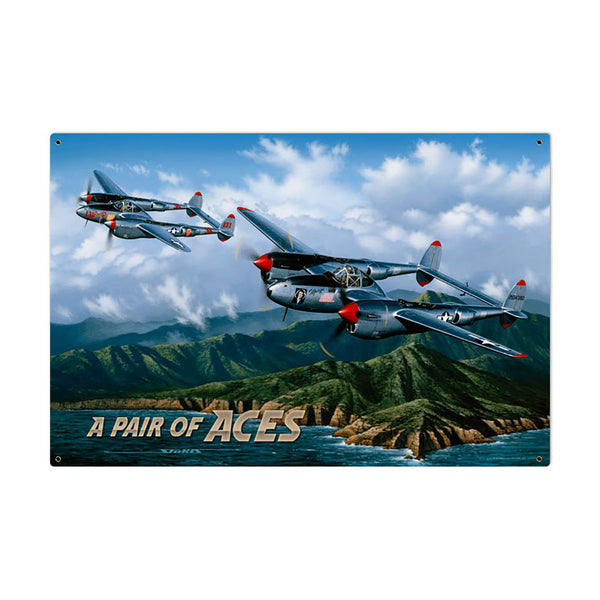 Pair of Aces P-38 Lightning Fighter Plane Sign Large 36 x 24