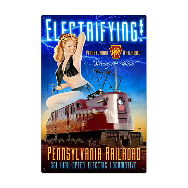 Electrifying Pennsylvania Railroad Train Pin Up Sign Large 24 x 36