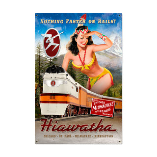 Hiawatha Train Native American Pin Up Railroad Sign Large 24 x 36