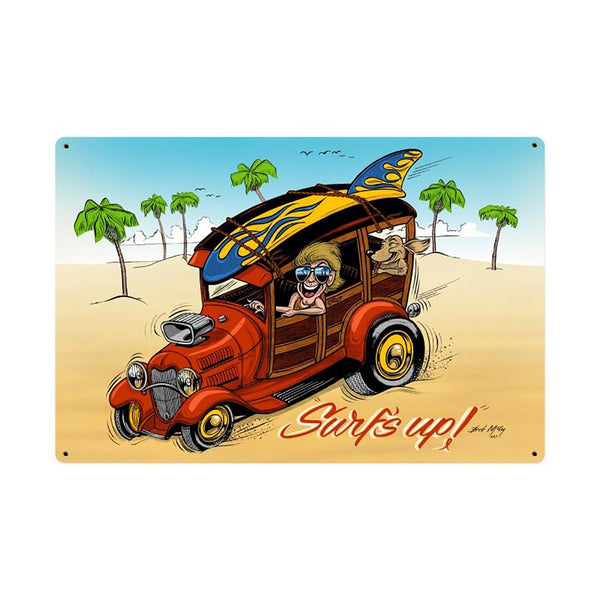 Surfs Up Woodie Wagon Cartoon Sign Large 36 x 24