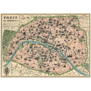 Paris France Monuments Map Poster Vintage Style