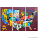 USA 50 Map License Plate Style Triptypch Metal Wall Art