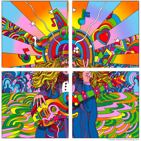 Hippie Musician 60s Style Quadriptych Metal Wall Art Pop Art