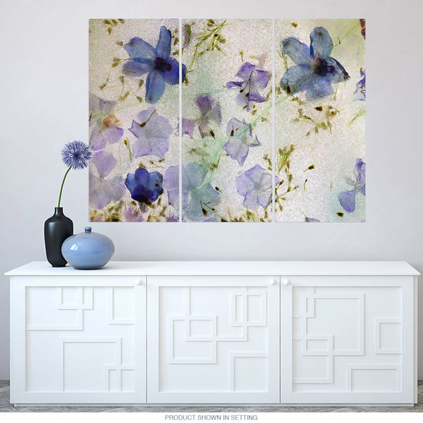 Purple & Blue Flowers on Ice Triptych Metal Wall Art