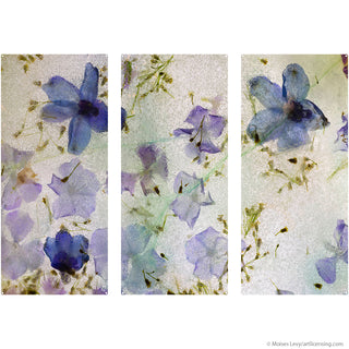 Purple & Blue Flowers on Ice Triptych Metal Wall Art