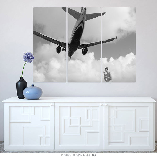Airplane Over Beach Boy Triptych Metal Wall Art