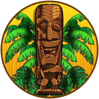 Happy Hawaiian Tiki God Large Metal Sign Round