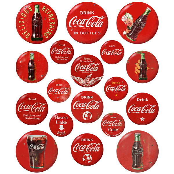 Coca-Cola Red Disc Button Vinyl Stickers Set of 18 Distressed
