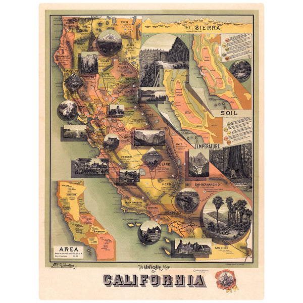 California State Map 1888 Wall Decal