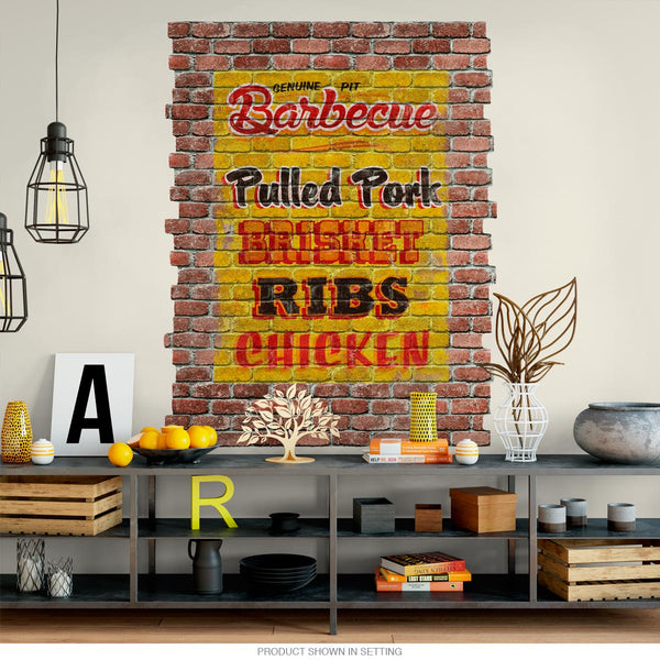 Pit Barbecue Restaurant Ghost Sign Graphic Faux Brick Mural