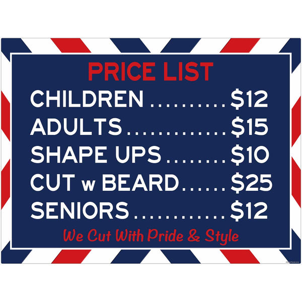 Customized Barber Shop Services Price List Decal
