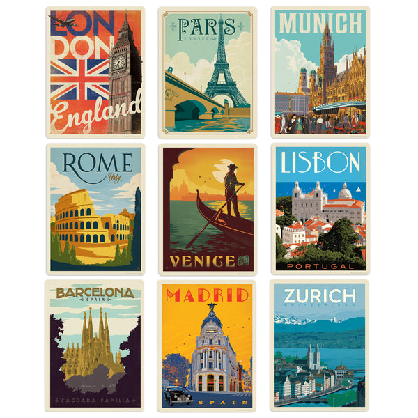 Great European Cities Vinyl Sticker Set Of 9