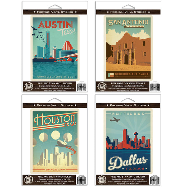 Texas Cities Vinyl Sticker Set of 4