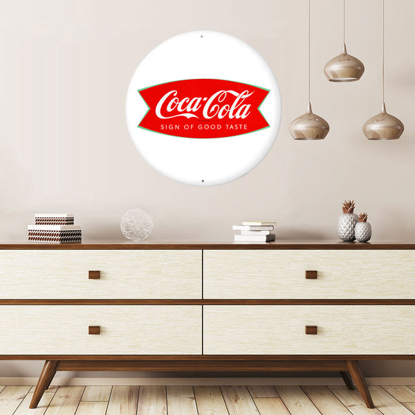 Coca-Cola Fishtail Logo White Disc Metal Sign 1960s Style