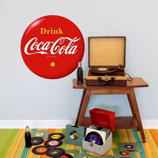 Drink Coca-Cola Red Disc Metal Sign Yellow 1930s Style