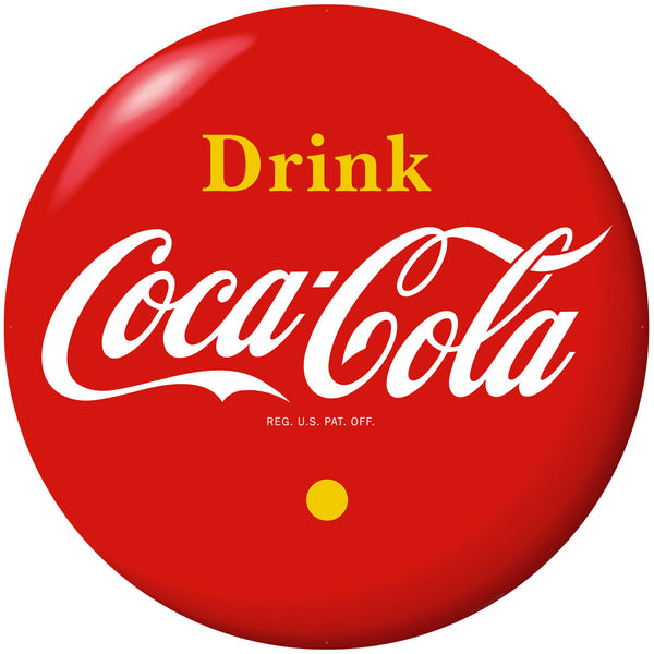 Drink Coca-Cola Red Disc Metal Sign Yellow 1930s Style