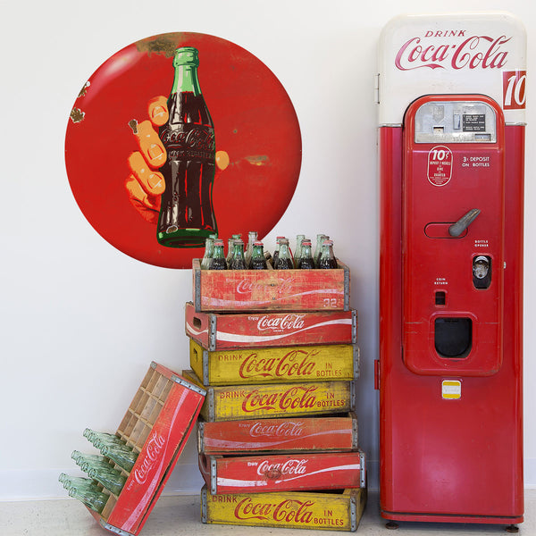 Coca-Cola Hand and Bottle Red Disc Metal Sign