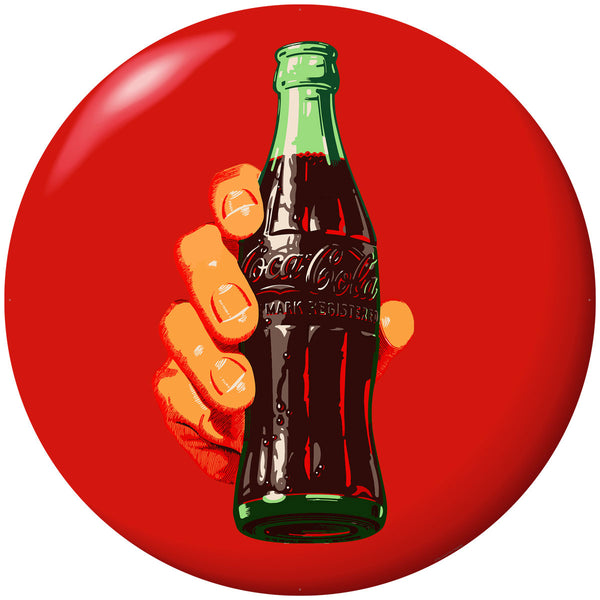 Coca-Cola Hand and Bottle Red Disc Metal Sign