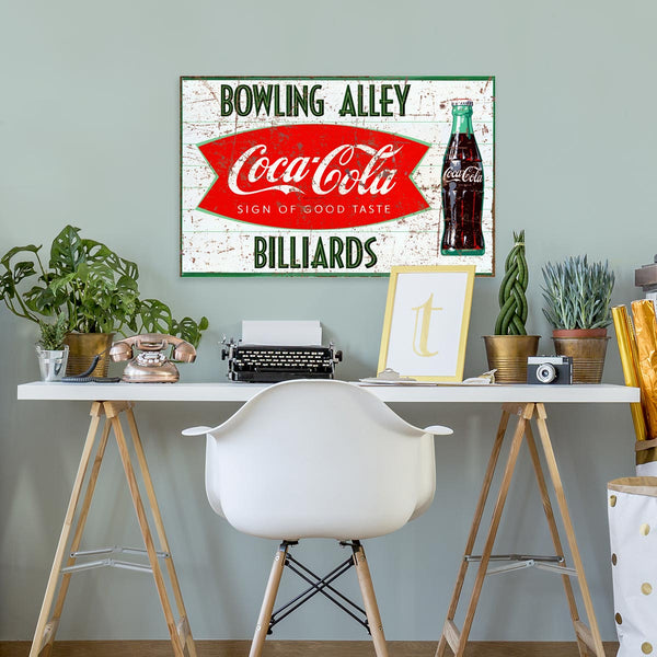 Coca-Cola Fishtail Bowling Alley Billiards Metal Sign 1960s Style