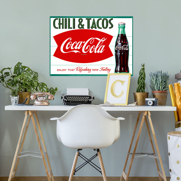 Coca-Cola Fishtail Chili & Tacos Metal Sign 1960s Diner Style