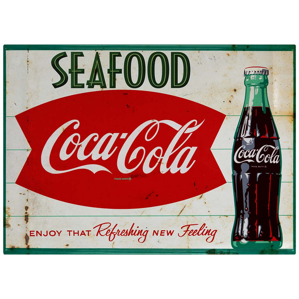 Coca-Cola Fishtail Seafood Metal Sign 1960s Diner Style
