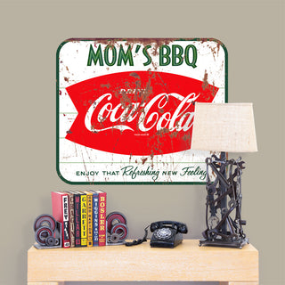 Coca-Cola Moms BBQ Fishtail Metal Sign 1960s Style