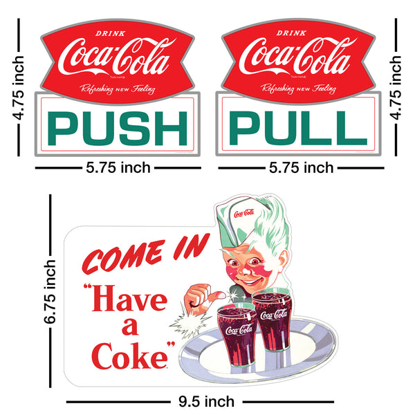 Coca-Cola Push Pull Vinyl Door Sticker Set of 3