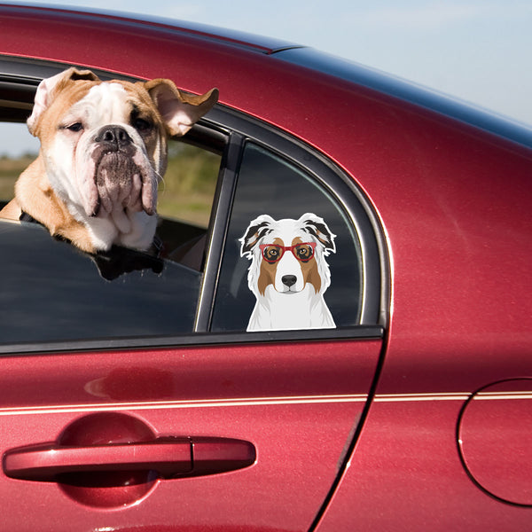 Australian Shepherd Dog Wearing Hipster Glasses Large Vinyl Car Window Sticker