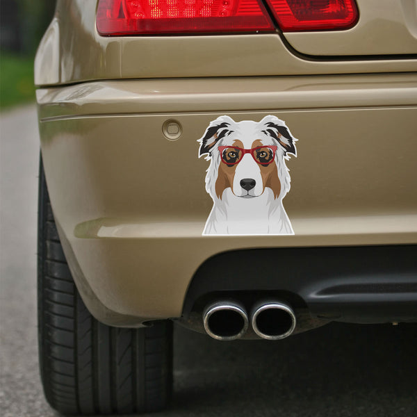 Australian Shepherd Dog Wearing Hipster Glasses Large Vinyl Car Window Sticker