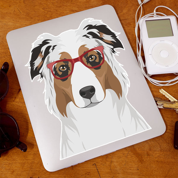 Australian Shepherd Dog Wearing Hipster Glasses Large Vinyl Car Window Sticker