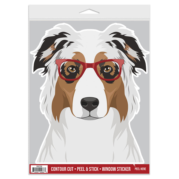 Australian Shepherd Dog Wearing Hipster Glasses Large Vinyl Car Window Sticker