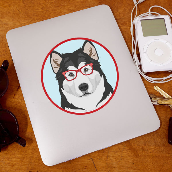 Alaskan Malamute Dog Wearing Hipster Glasses Die Cut Vinyl Sticker