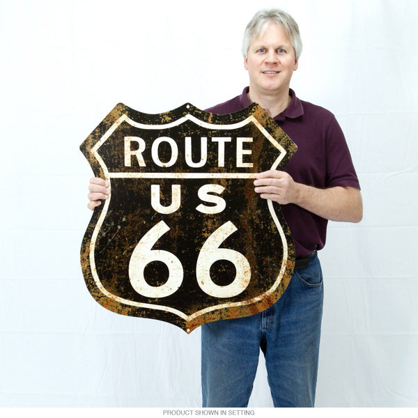 Route 66 Distressed Black Shield Metal Sign Large
