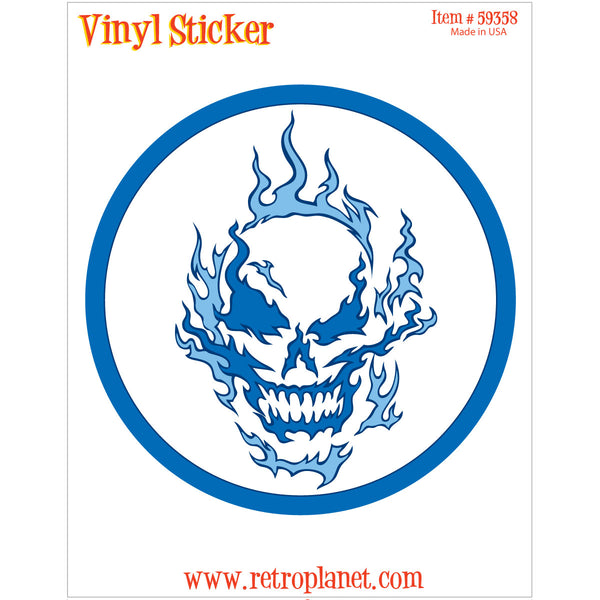 Flaming Skull Blue Circle Vinyl Sticker