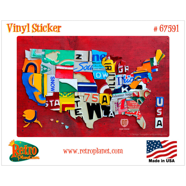 USA Map Zoom In License Plate Style Vinyl Sticker