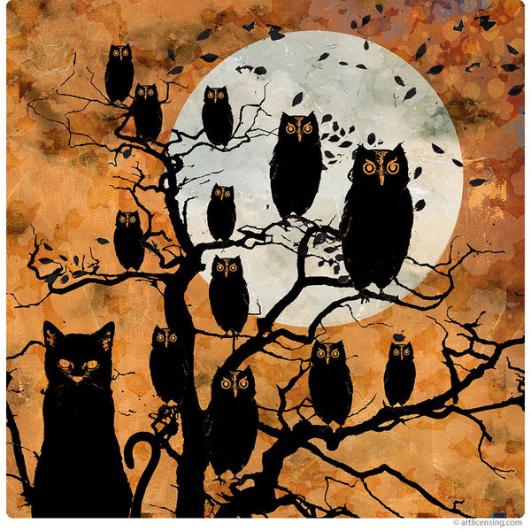 Owls and Cat Full Moon All Hallows Eve Wall Decal