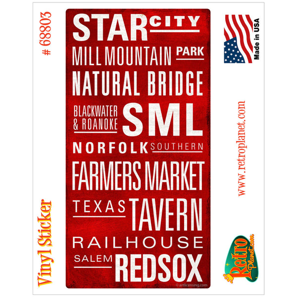 Star City Roanoke Virginia Words Vinyl Sticker