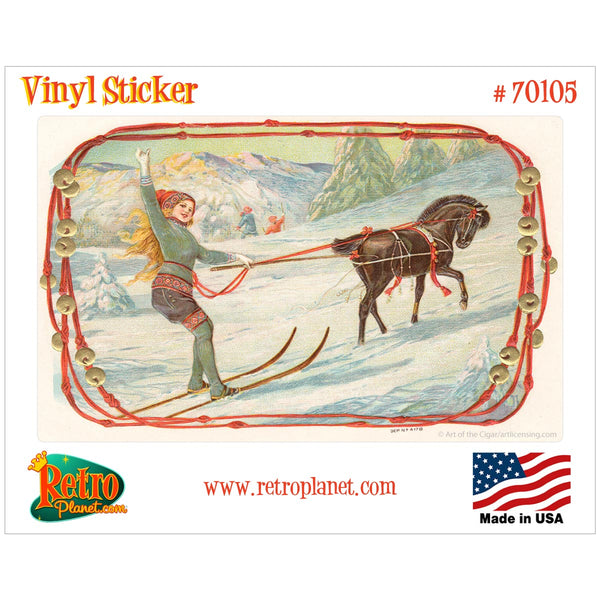 Horse Drawn Skiing Cigar Label Vinyl Sticker